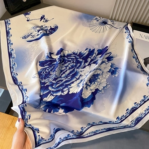 Peony print silk scarf in Chinese porcelain style with birds and umbrella patterns