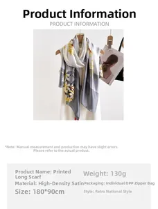 Detail of high-density satin scarf featuring vintage floral print and 180x90cm dimensions