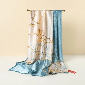 Elegant silk scarf with magnolia flower print in blue and beige for women fashion