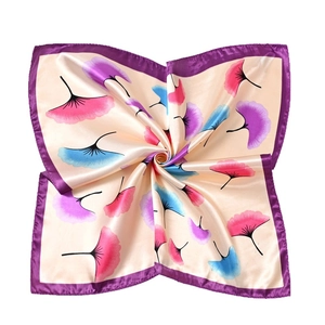 Champagne silk square scarf with colorful ginkgo leaf patterns and purple border