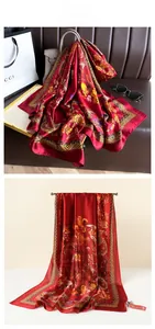 Macro detail of red silk scarf featuring golden traditional Chinese dragon and floral patterns