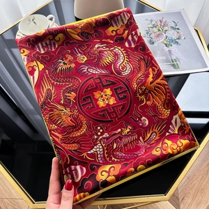 Vintage red silk scarf with gold dragon and phoenix pattern in traditional Chinese style