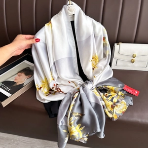 Elegant magnolia print silk shawl scarf for women in white, grey and yellow floral patterns