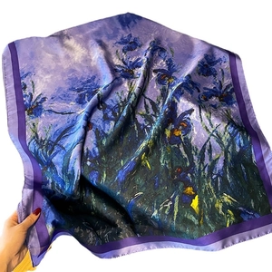 Elegant silk scarf featuring Van Gogh iris oil painting print with purple borders