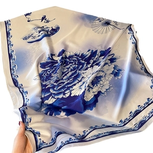 Vintage silk-style scarf with blue peony floral print and Chinese artistic pattern