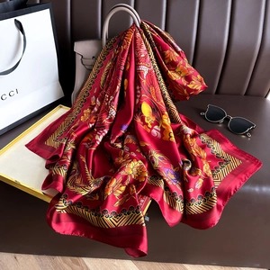 Luxurious red silk scarf with vintage Chinese dragon and phoenix patterns as a shawl