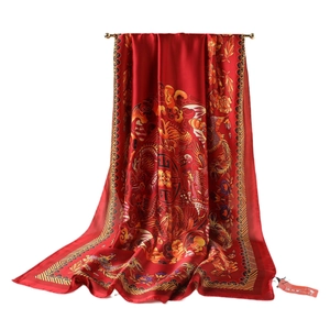 Classic Chinese style red long silk-like scarf with dragon and phoenix patterns