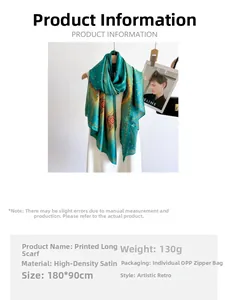 Detail of silk-feel scarf with peacock feather print and product specifications