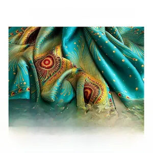 Detailed fabric texture of peacock feather print silk scarf with golden patterns
