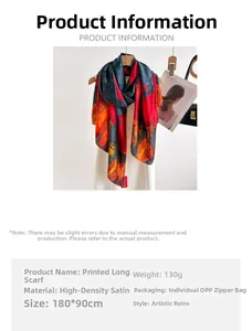 Detail view of 180x90cm red and yellow rose print silk scarf with luxury satin texture