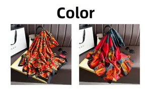 Satin silk scarf featuring vibrant orange floral and red-black abstract rose patterns