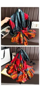 Detailed view of red rose floral print on silky fabric long scarf for women