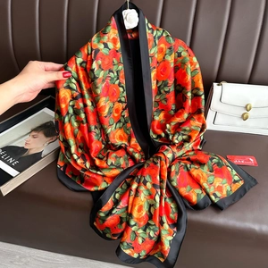 Elegant rose print satin long scarf and shawl with smooth glossy finish for women