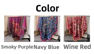 Detailed pattern comparison of smoky purple, navy, and wine red floral silk scarves