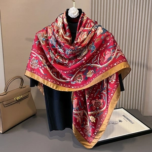 Red vintage floral silk scarf with golden edges and classical bird pattern design