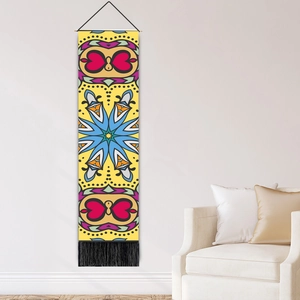 Ethnic tribal wall tapestry with colorful geometric mandala pattern and black fringe