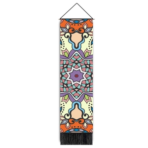 Tribal mandala tapestry wall hanging with colorful geometric patterns and black tassels