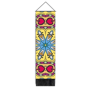 Vertical wall tapestry with vibrant mandala geometric patterns, yellow core, and black tassels