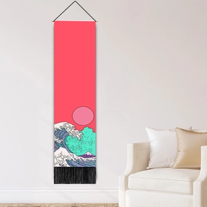 Japanese style Great Wave tapestry with pink background and black bottom tassels