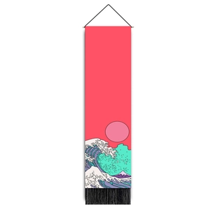Macro view of Japanese wall scroll with wave illustration and black bottom tassels