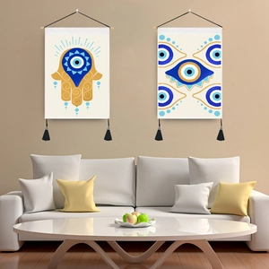 Evil Eye Hamsa Hand Wall Tapestry With Wooden Pole Polyester Fabric Hanging Art Ethnic Boho Home Decor Living Room