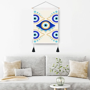 Turkish Evil Eye canvas wall art with wooden hanger and black tassels for living room