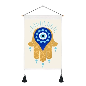 Evil Eye Hamsa Hand canvas wall hanging with wooden rod and black tassel decor