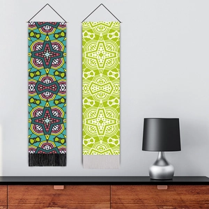 Bohemian tapestry set with colorful geometric patterns and tassels for wall decoration