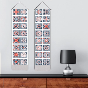Arabic style geometric mandala wall tapestries with tassels in a modern living room