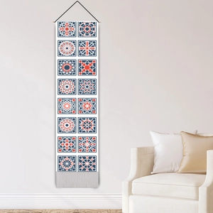 Arabic style geometric mandala wall hanging tapestry with wooden pole and grey tassels