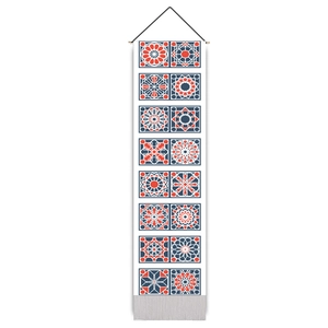 Arabesque mandala geometric tapestry with cotton linen texture and wooden hanging rod