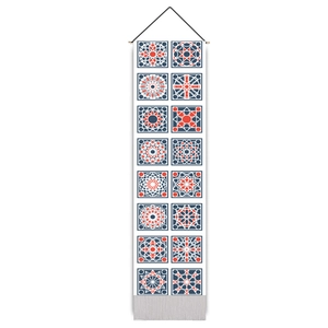 Vertical wall scroll featuring 16 navy and orange mandala geometric tile patterns