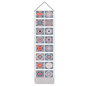 Vertical cotton linen tapestry featuring geometric mandala patterns and grey fringe details