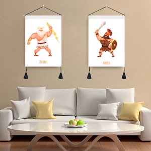 Ancient Greek Gods Cartoon Wall Tapestry Polyester Cotton Hanging Painting With Wooden Pole Tassels Home Decor Mural Mural Art