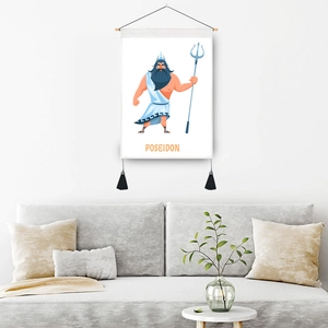 Cartoon Poseidon wall scroll with wooden rods and black tassels for living room decor