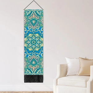 Vertical bohemian mandala wall tapestry with vibrant green patterns and black tassels