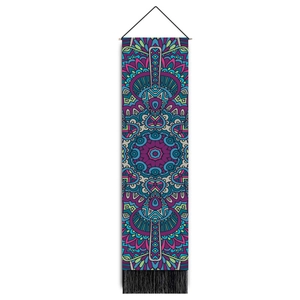 Vertical bohemian mandala wall tapestry with wood pole and black tassel fringe