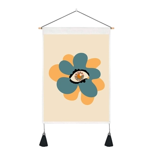 Modern abstract floral wall hanging with wooden pole and stylish black tassels