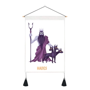 Cartoon Hades wall tapestry with wooden rod and black tassels in minimalist style