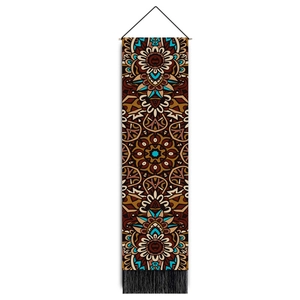 Tenture murale mandala bohème avec motifs floraux marron et franges noires décoratives