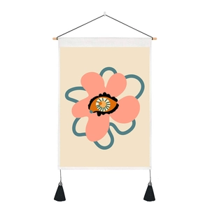 Modern abstract pink flower canvas wall hanging with eye motif and black tassels