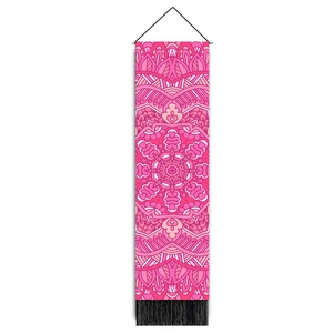 Bohemian mandala wall tapestry with pink geometric prints and black hanging tassels
