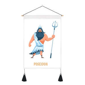 Detail of Poseidon cartoon tapestry featuring wooden rod and black tassel accents