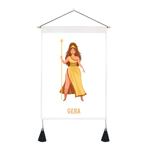 Detailed view of Gera goddess tapestry with wooden rod and black hanging tassels
