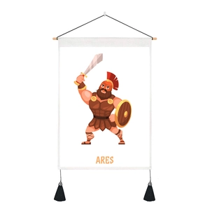 Detail of Ares cartoon wall tapestry with wooden hanger and black decorative tassels