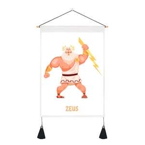 Detail of Zeus cartoon wall tapestry with wooden rod and black tassel accents