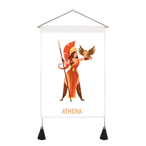 Detail of Athena Greek goddess cartoon wall tapestry with wooden rod and black tassels