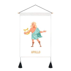 Detail of the Apollo wall scroll with cartoon Greek god illustration and black tassels