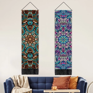 Arazzo Da Parete Mandala Poliestere Cotone Stampato Verticale Boemo Etnico Arredamento Casa Asta Di Legno Nappe