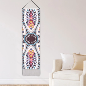 Bohemian mandala wall tapestry with geometric patterns, wooden rod and tassel fringe